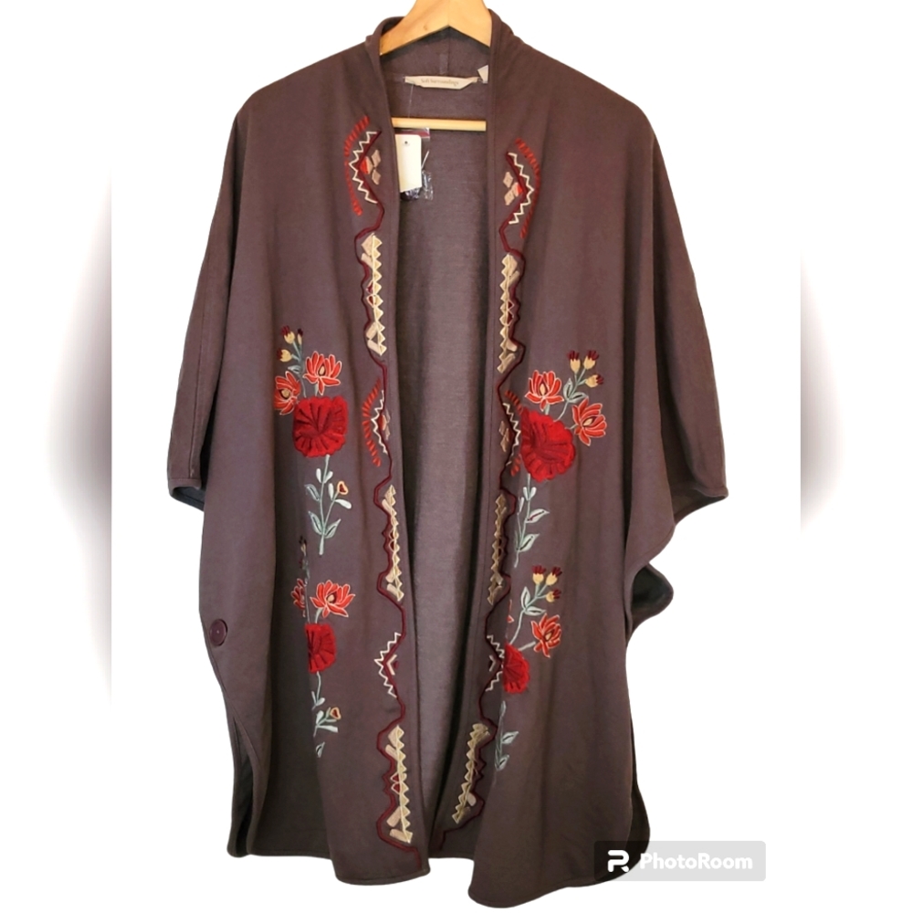 Soft Surroundings Embroidered Cardigan Sweater Floral Poncho Size Large